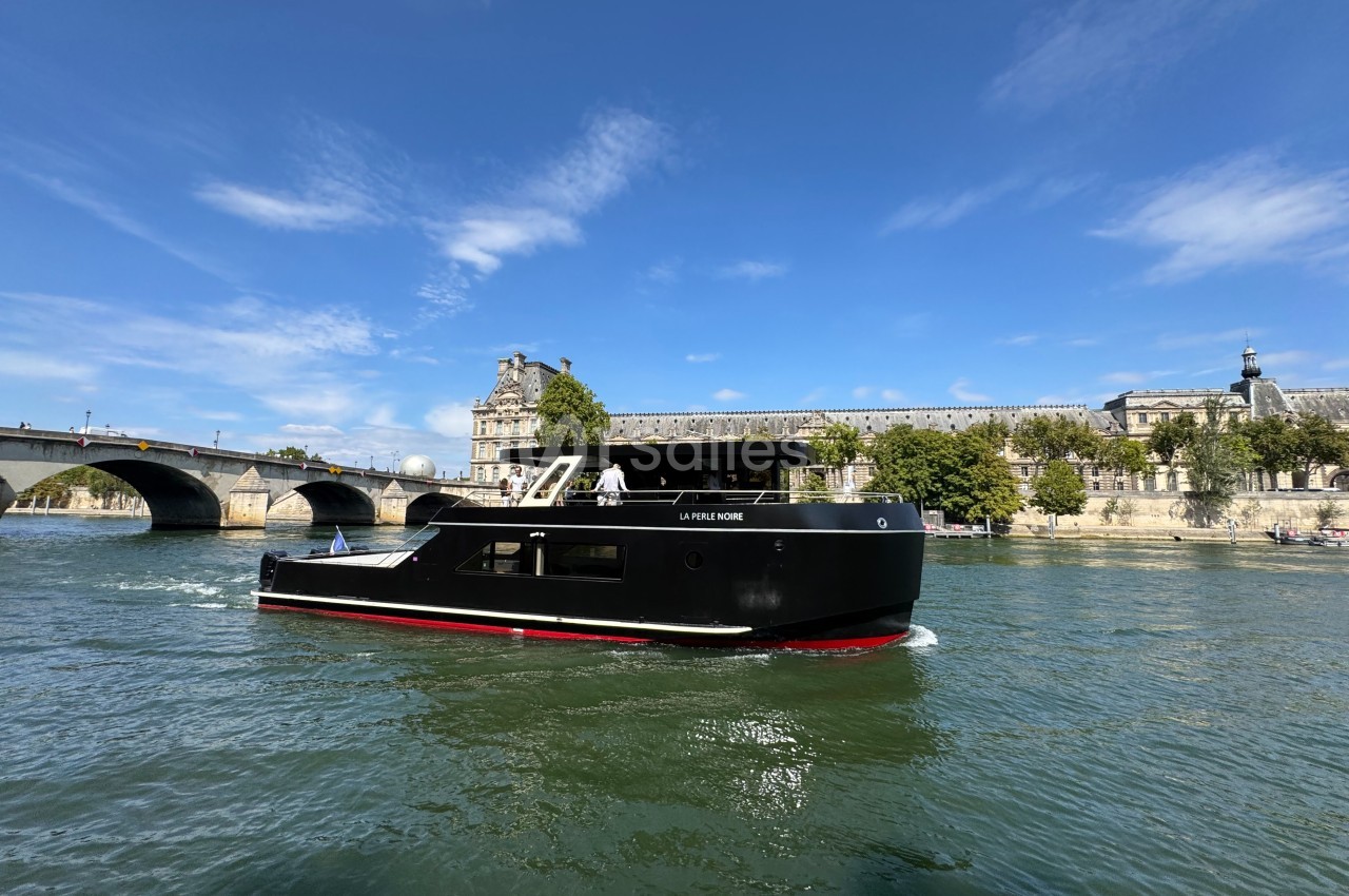 Bateau noir naviguant sur une rivière, avec un pont et des bâtiments historiques en arrière-plan sous un ciel bleu.