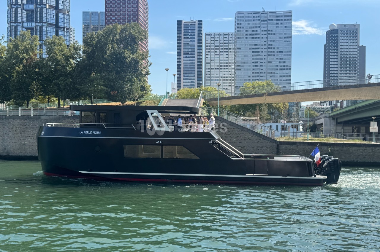 Bateau noir naviguant sur une rivière bordée d'immeubles modernes et d'arbres, avec des passagers à bord.