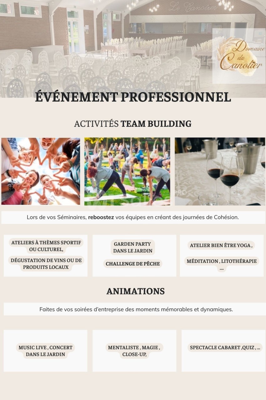 Affiche présentant des activités de team building et animations pour événements professionnels dans un cadre convivial.