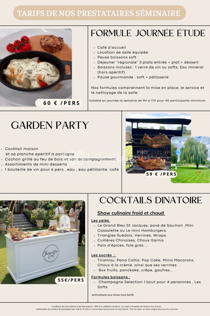 Image présentant trois offres de prestations séminaires : journée d'étude, garden party et cocktails dînatoire, avec détails…