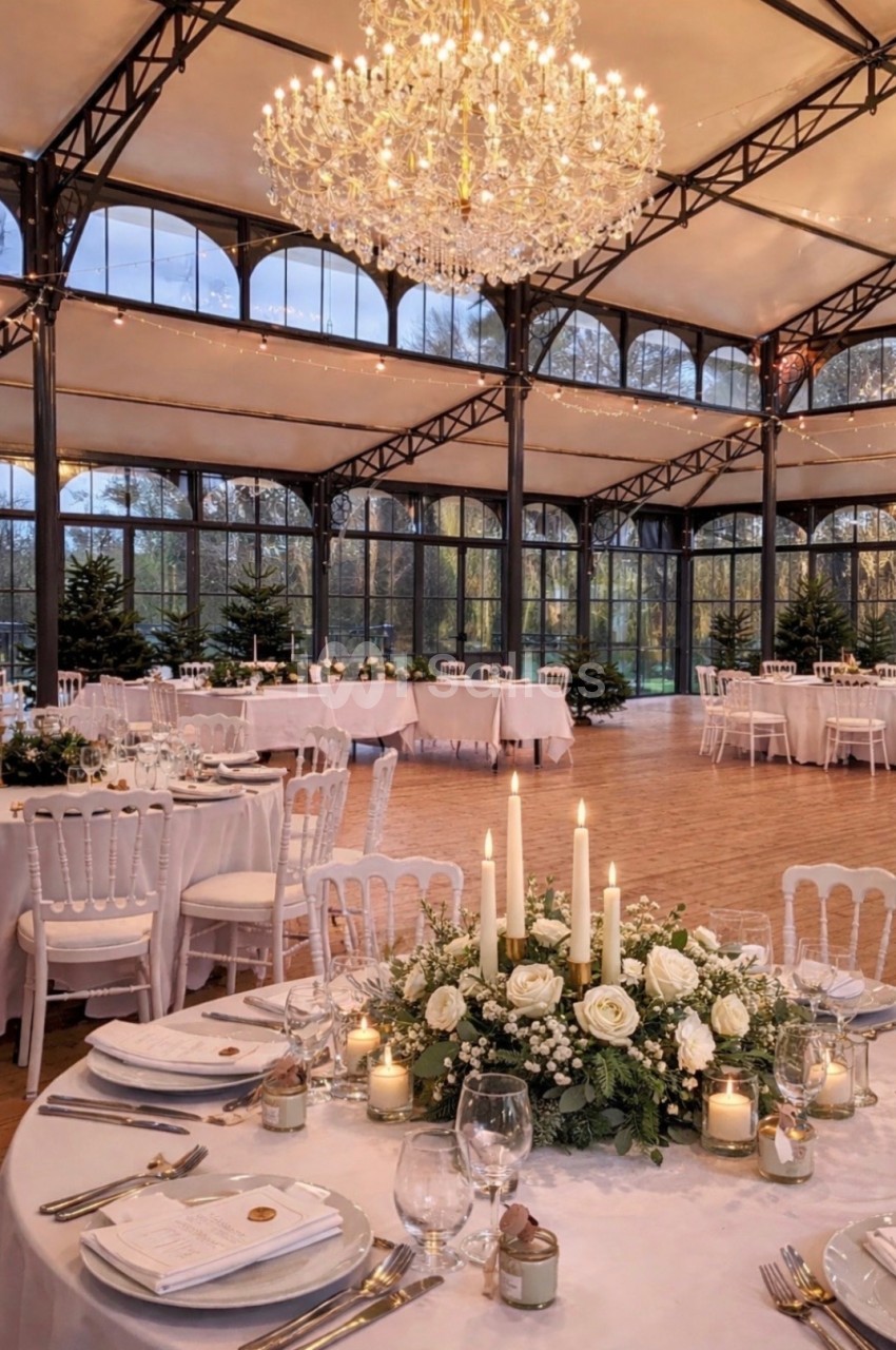 Salle de réception élégante avec tables décorées de fleurs blanches, bougies et grand lustre suspendu.