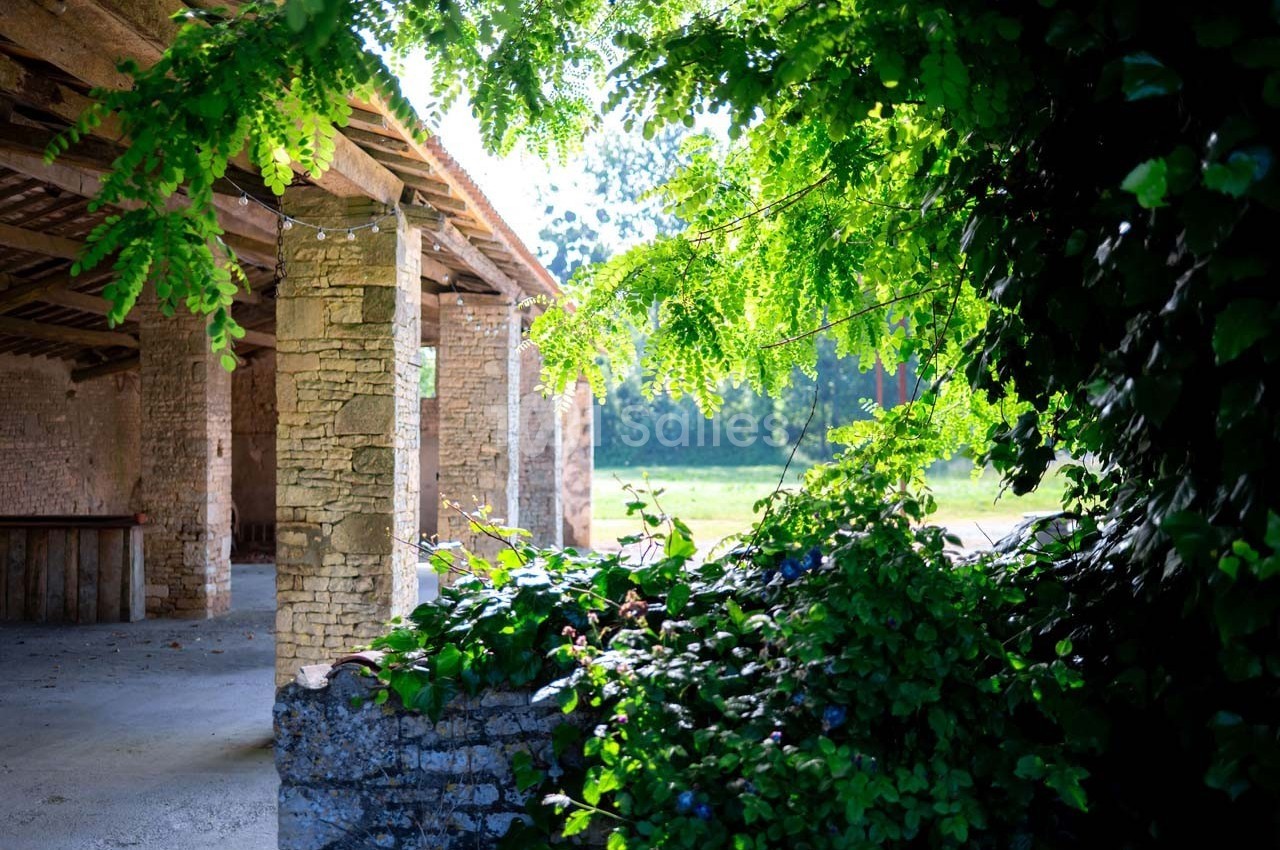 Vue d'un bâtiment en pierre ouvert sur un jardin verdoyant, entouré de feuillage et baigné de lumière naturelle.