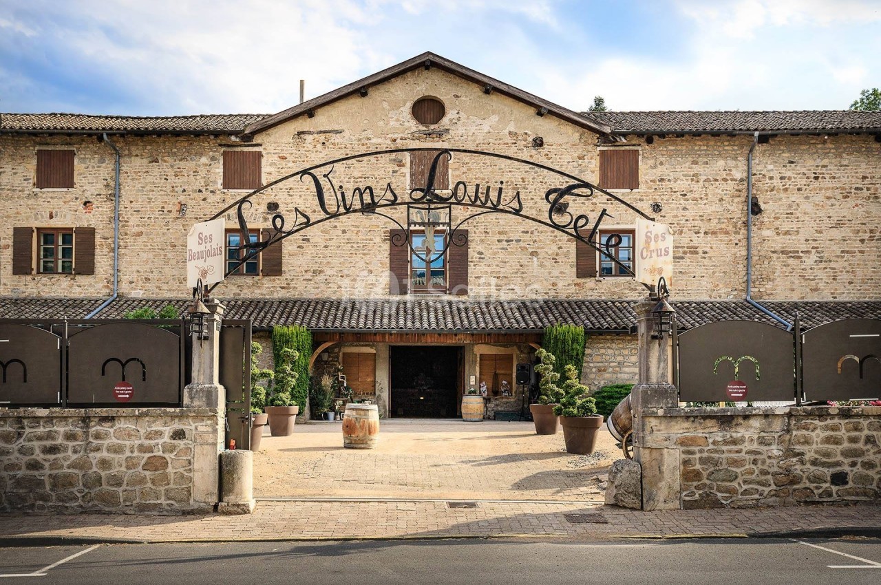 Façade en pierre d'un bâtiment viticole avec une arche métallique indiquant ’Les Vins Louis Céfé’.