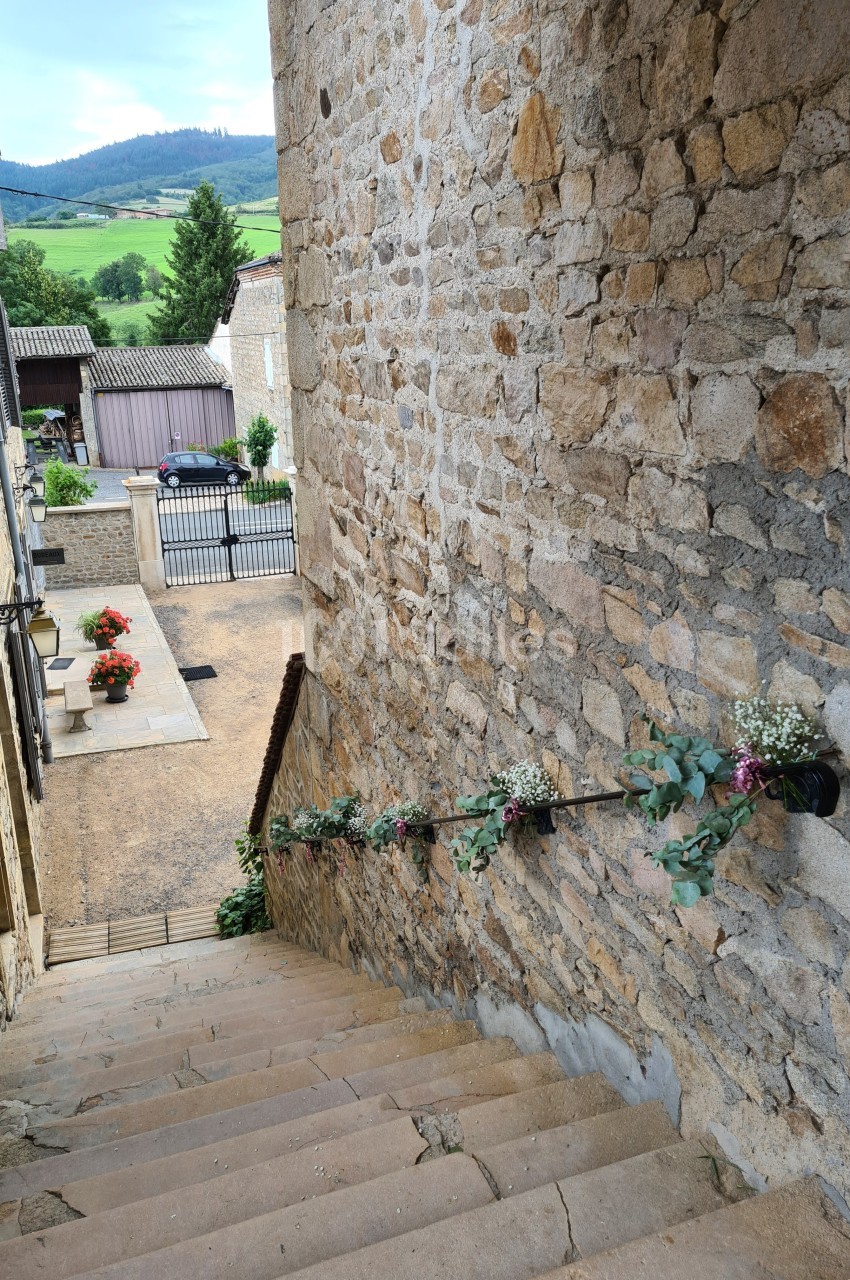 Escalier en pierre bordé de fleurs, menant à une rue pavée avec vue sur des bâtiments et une campagne vallonnée.