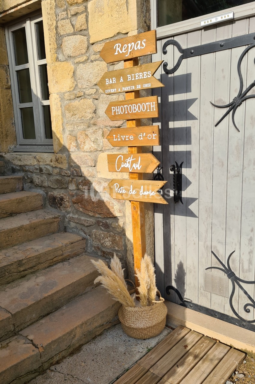 Panneau en bois indiquant des directions pour repas, bar, photobooth, livre d'or, cocktail et piste de danse.