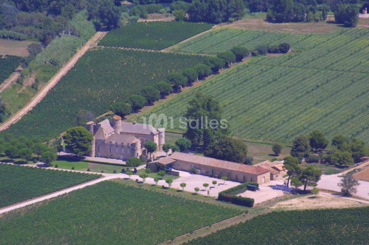 Vue aérienne d'un domaine viticole avec bâtiments en pierre entourés de vignes et d'arbres.