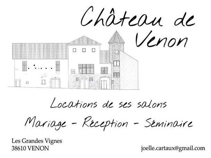 Illustration d'un château avec informations sur la location de salons pour mariages, réceptions et séminaires à Venon.