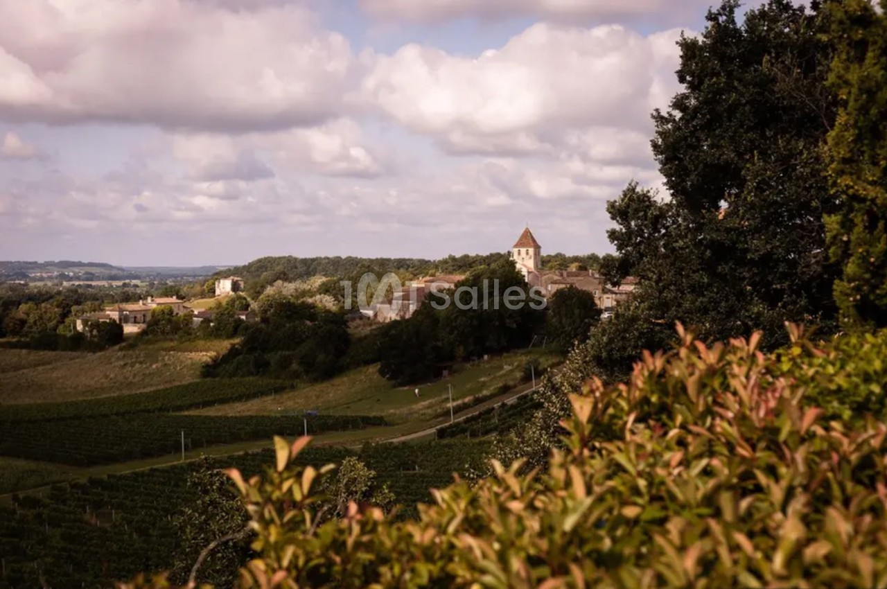Village entouré de vignes et de verdure sous un ciel partiellement nuageux, avec une église visible au loin.