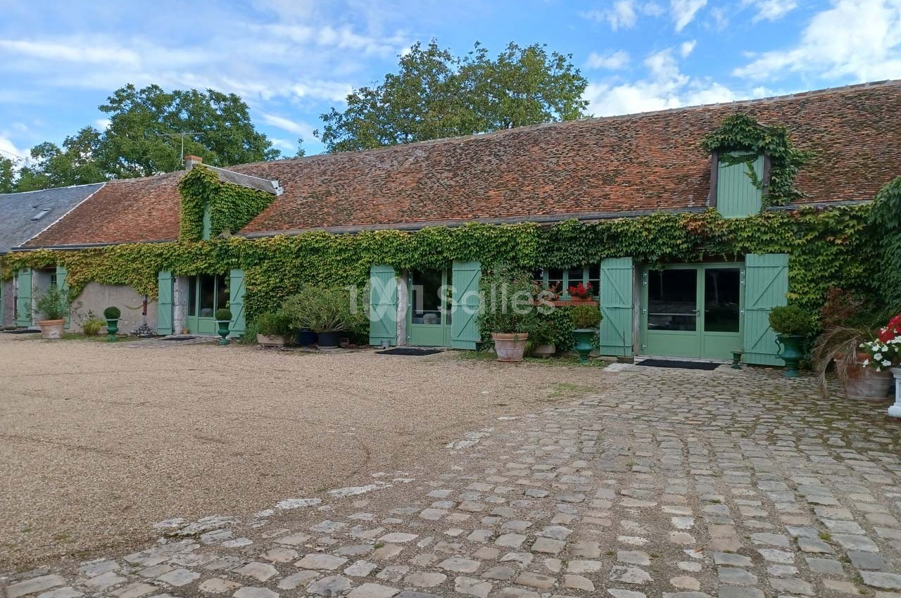 Bâtisse ancienne avec toit en tuiles, volets verts et façade couverte de vigne, entourée de pavés et de végétation.
