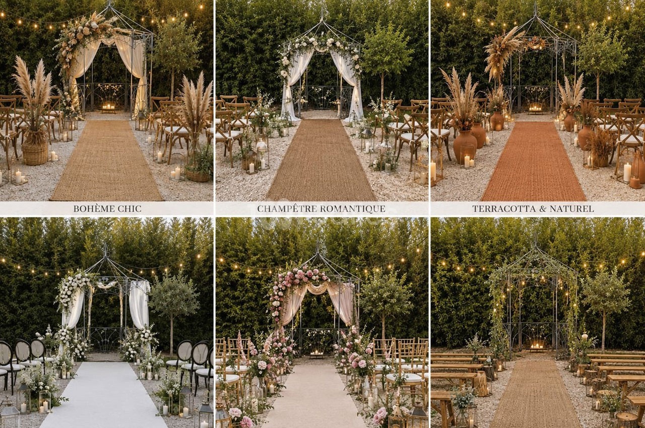 Six styles de décoration pour une cérémonie laïque en extérieur, avec arches fleuries et allées décorées.