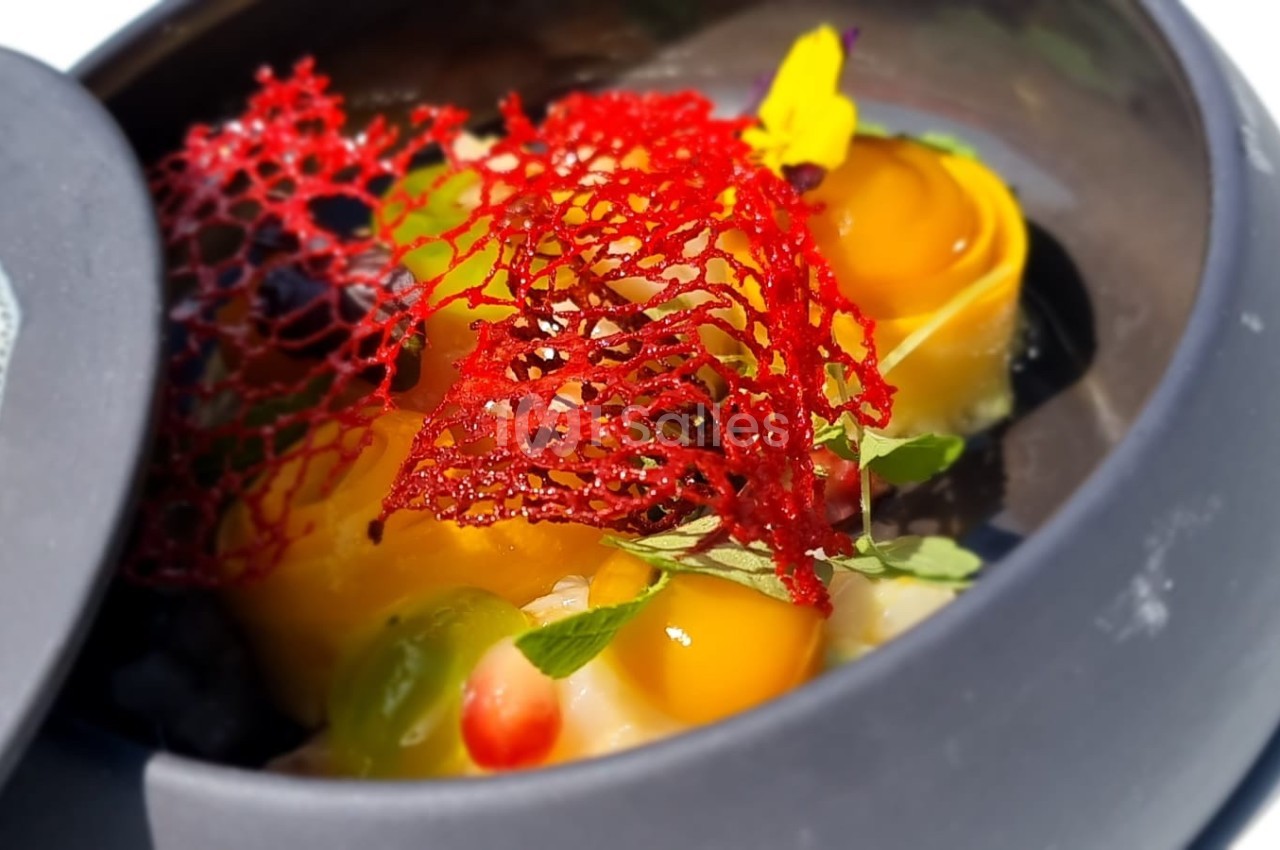 Plat gastronomique coloré dans une assiette noire, avec mousse, fleurs comestibles et décor en dentelle rouge.