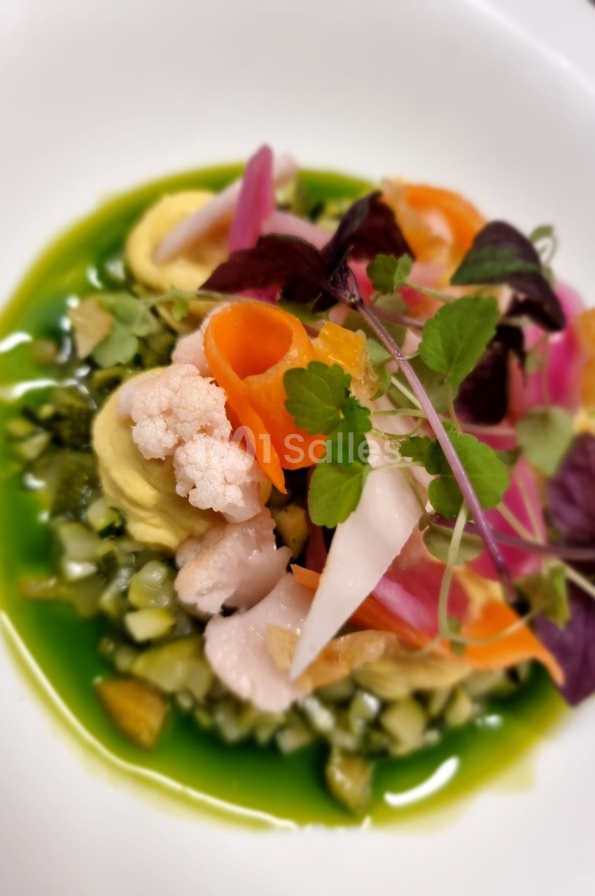 Assiette colorée de légumes variés, incluant carottes, chou-fleur et herbes, présentée sur une sauce verte.