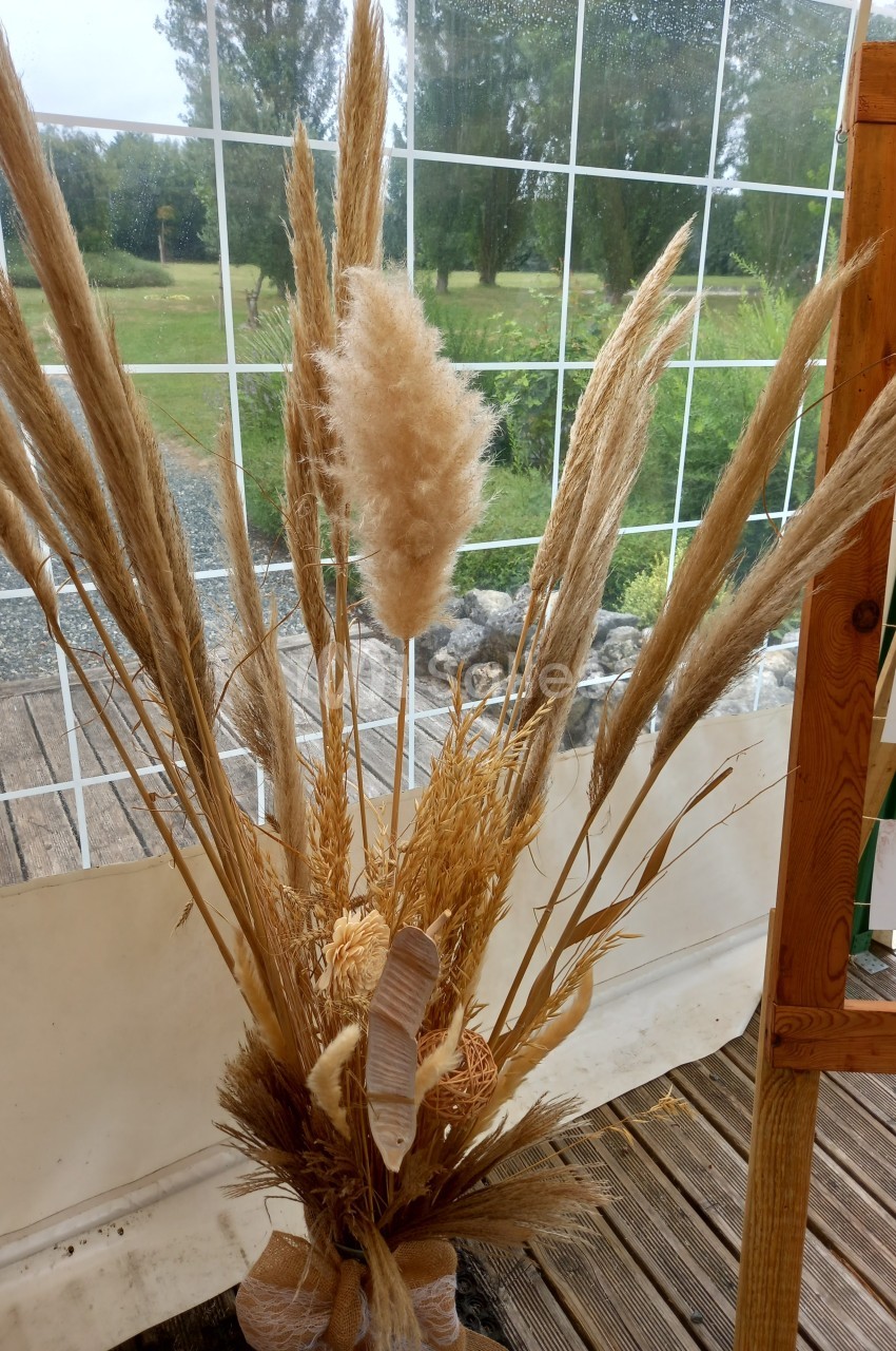 Composition de fleurs séchées avec des herbes de la pampa dans un vase, placée devant une baie vitrée donnant sur un jardin.