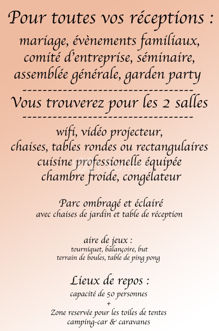Affiche décrivant les services et équipements disponibles pour des réceptions dans deux salles avec espaces extérieurs.