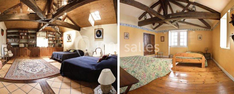 Deux chambres avec poutres apparentes, lits doubles, meubles en bois et lumière naturelle entrant par les fenêtres.