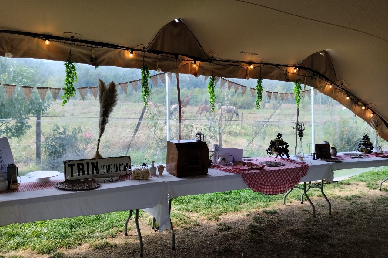 Tables décorées avec nappes rouges et blanches sous une tente, avec vue sur un champ et des guirlandes suspendues.