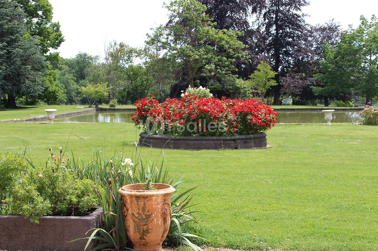 Jardin avec pelouse, massif de fleurs rouges, pot en terre cuite au premier plan et bassin d'eau en arrière-plan.