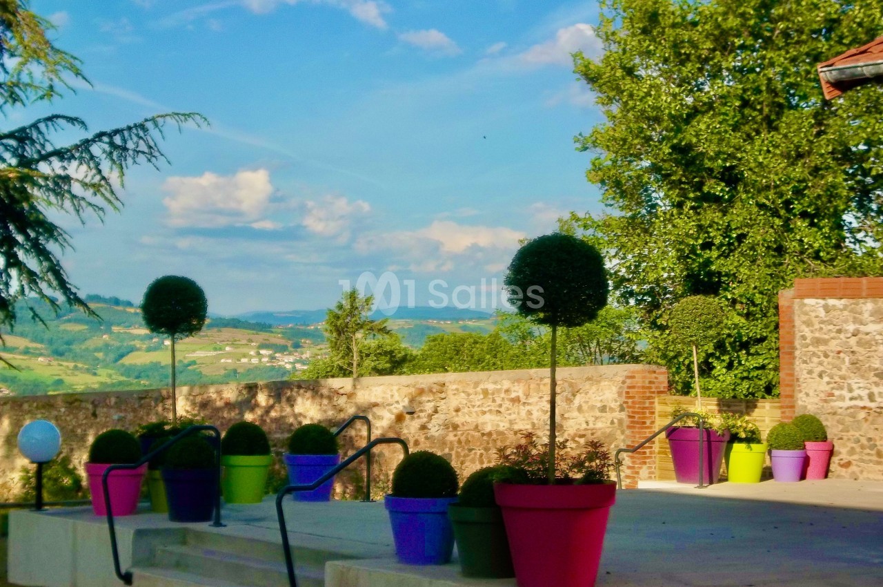 Terrasse ensoleillée avec pots de fleurs colorés, arbustes taillés et vue sur un paysage vallonné.