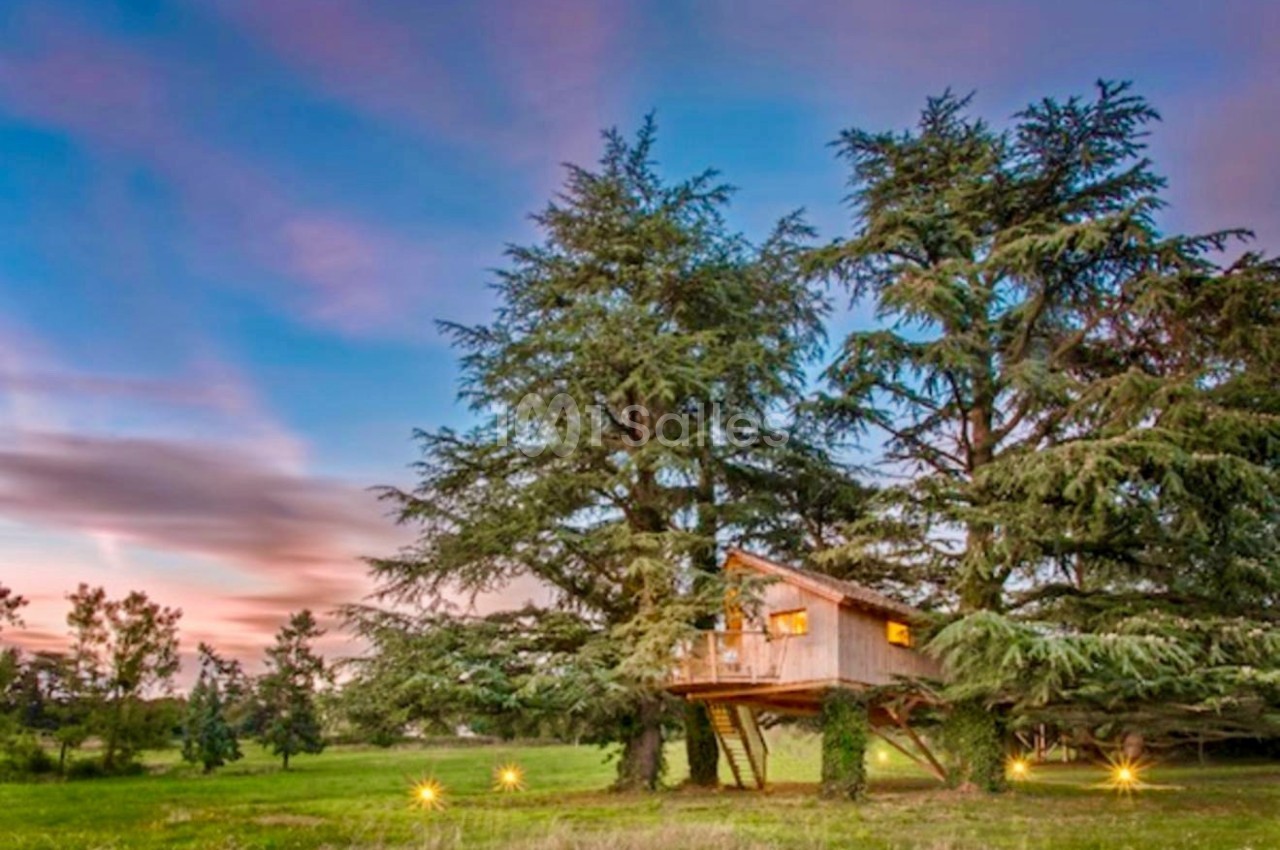 Cabane en bois perchée dans des arbres au milieu d'une prairie, éclairée au crépuscule avec un ciel coloré en arrière-plan.