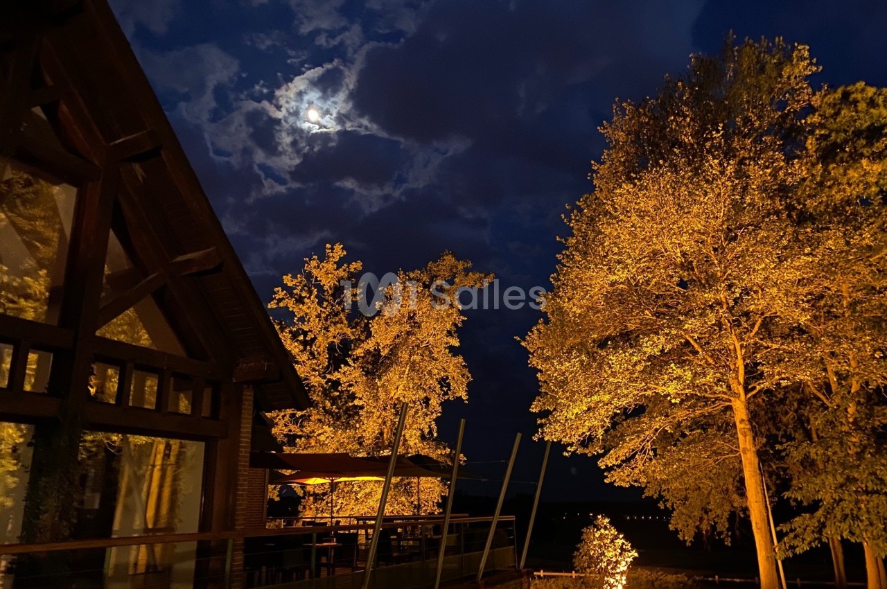 Maison en bois éclairée la nuit, entourée d'arbres illuminés, sous un ciel nuageux avec la lune visible.