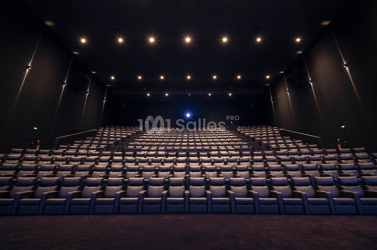 Salle de cinéma vide avec rangées de fauteuils alignées et éclairage tamisé au plafond.