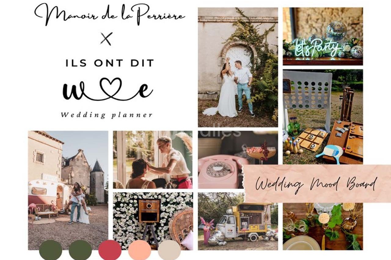Montage d'images illustrant un mariage champêtre avec décorations, couple, food truck et ambiance festive en extérieur.