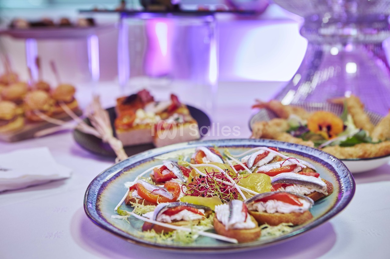 Assortiment de canapés sur un plat, garnis de légumes, anchois et herbes, présenté sur une table de réception.