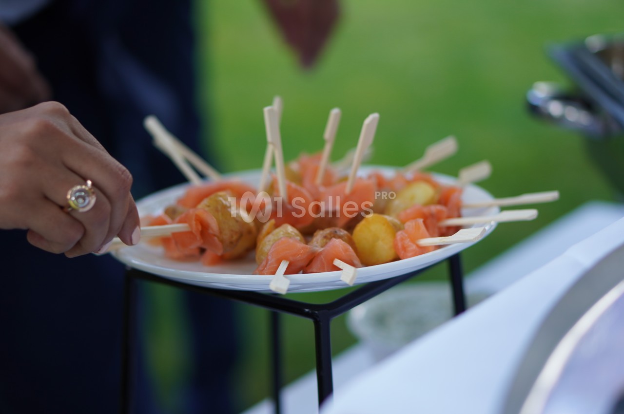 Assiette de brochettes apéritives avec saumon fumé et pommes de terre, tenue par une main.