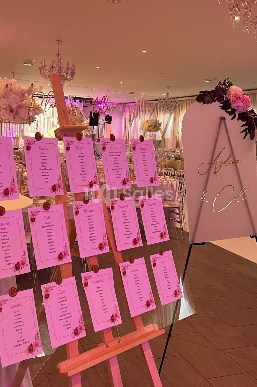 Plan de table de mariage avec des listes de noms sur un chevalet en bois et un panneau décoratif à côté, dans une salle…