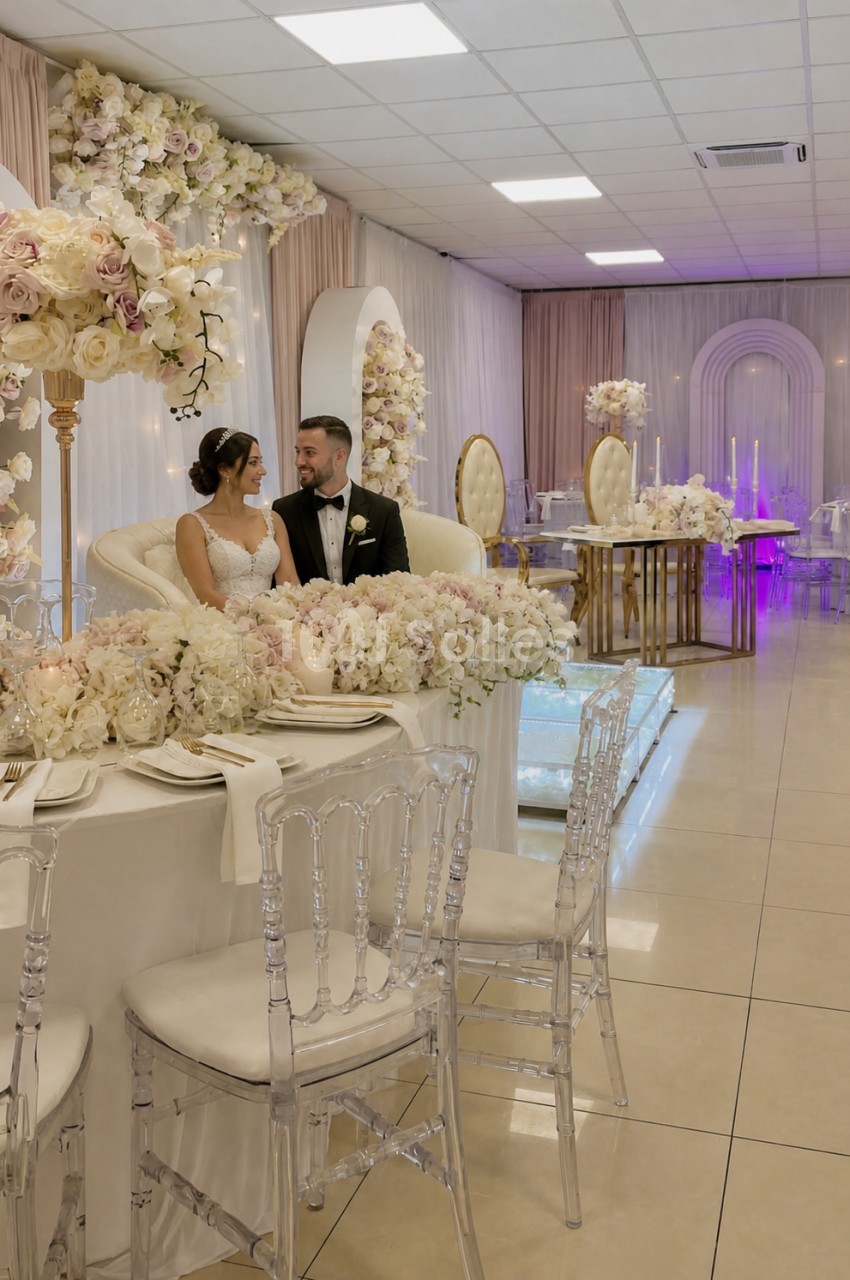 Un couple assis à une table ornée de fleurs dans une salle de réception décorée pour un mariage.