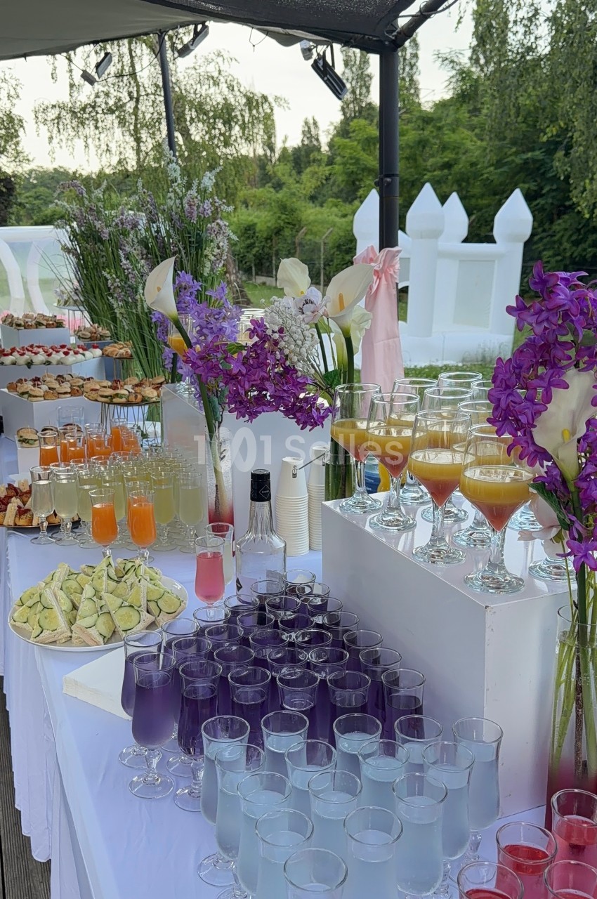 Buffet extérieur avec cocktails colorés, verrines, fleurs violettes et blanches, et décor verdoyant en arrière-plan.