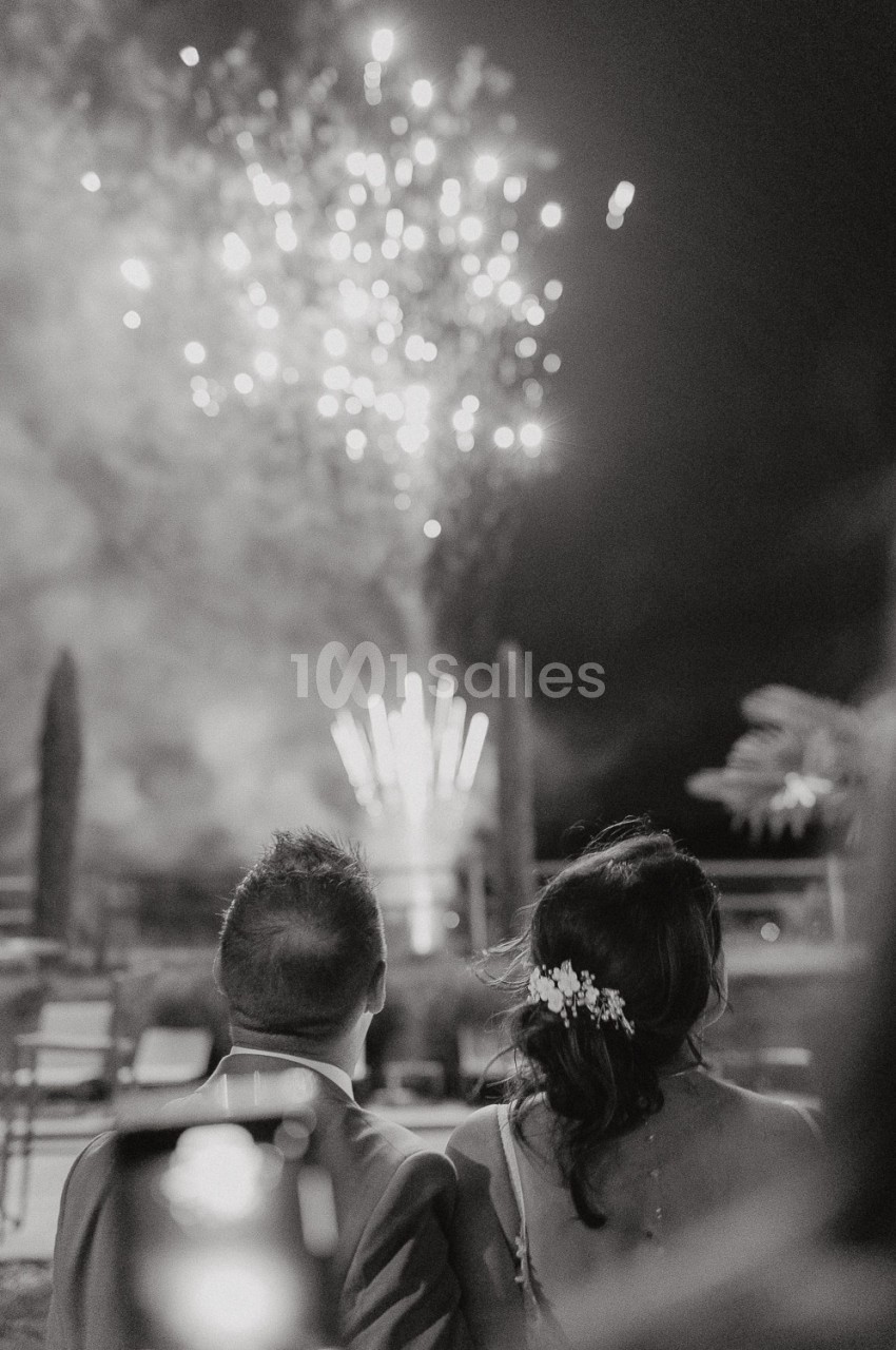 Un couple de dos regarde un feu d'artifice illuminer le ciel nocturne dans un cadre extérieur.