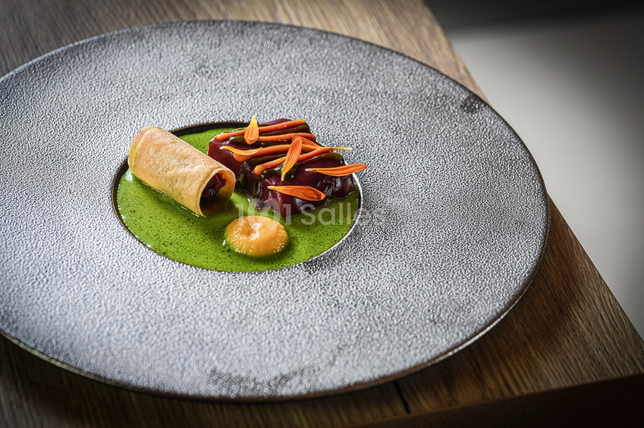Assiette gastronomique avec un rouleau croustillant, morceaux de viande, sauce verte et garniture colorée.