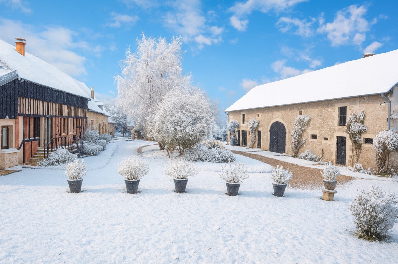 Cour d'une ferme traditionnelle enneigée, entourée de bâtiments en pierre et d'arbres givrés sous un ciel bleu.