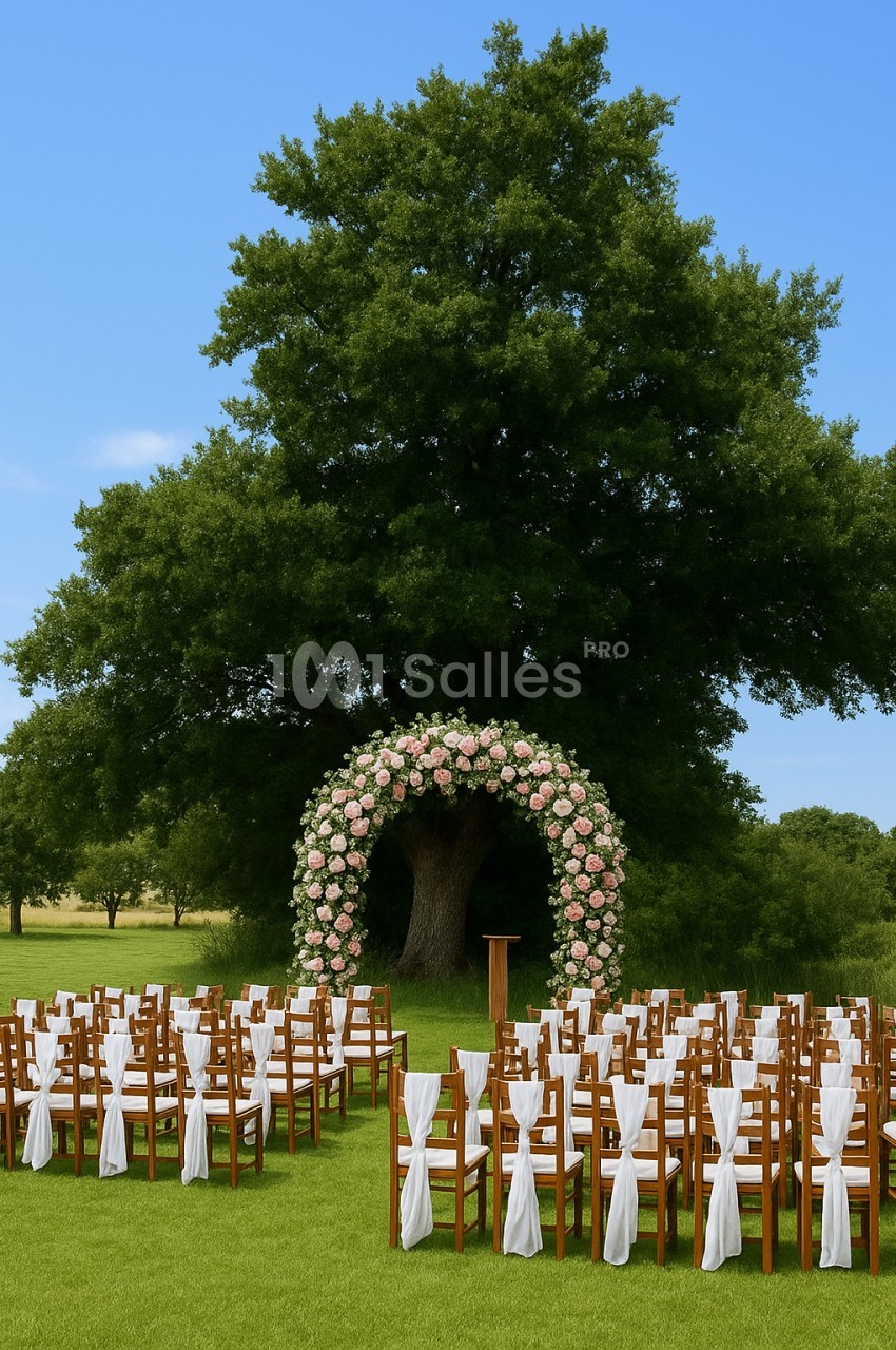 Chaises alignées devant une arche fleurie sous un grand arbre, préparées pour une cérémonie en plein air.
