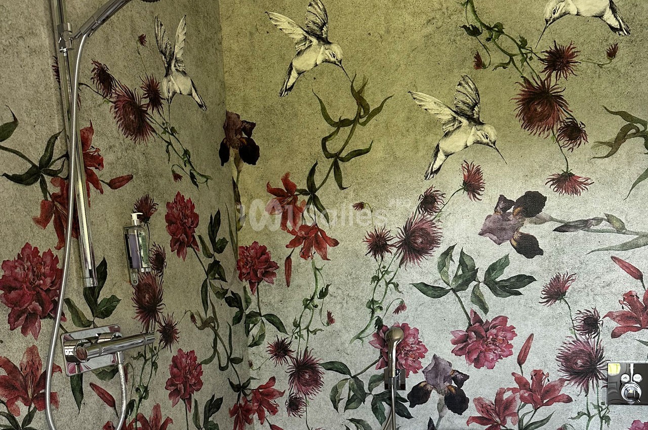 Mur de salle de bain décoré de motifs floraux rouges et verts avec des oiseaux blancs, douche et baignoire visibles.
