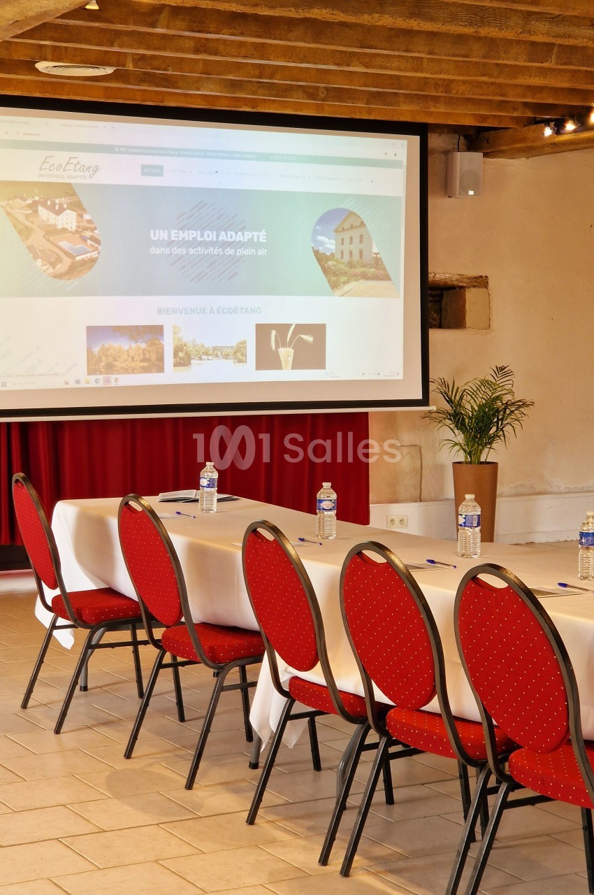 Salle de réunion avec des chaises rouges alignées, une table dressée et un écran de projection affichant un site web.