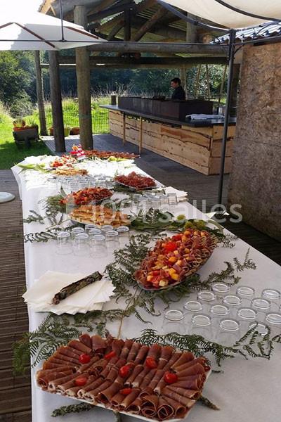 Table dressée en extérieur avec un buffet de charcuteries, fruits et apéritifs, décorée de feuillages.