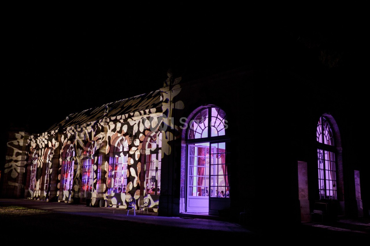 Façade d'un bâtiment éclairée par des projections lumineuses colorées dans un environnement nocturne.