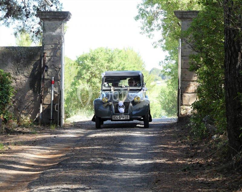 Une voiture ancienne grise passe sous un portail en pierre, entourée de végétation.
