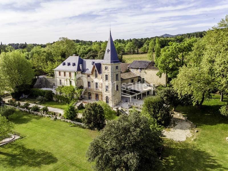 Vue aérienne d'un château entouré d'un grand jardin verdoyant, avec des arbres et une terrasse adjacente.