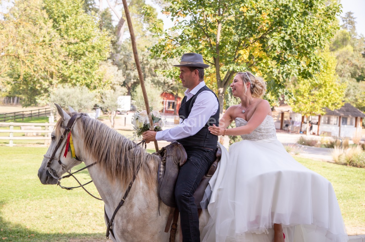 Un homme à cheval tient une lance tandis qu'une femme en robe de mariée sourit à ses côtés dans un cadre champêtre.