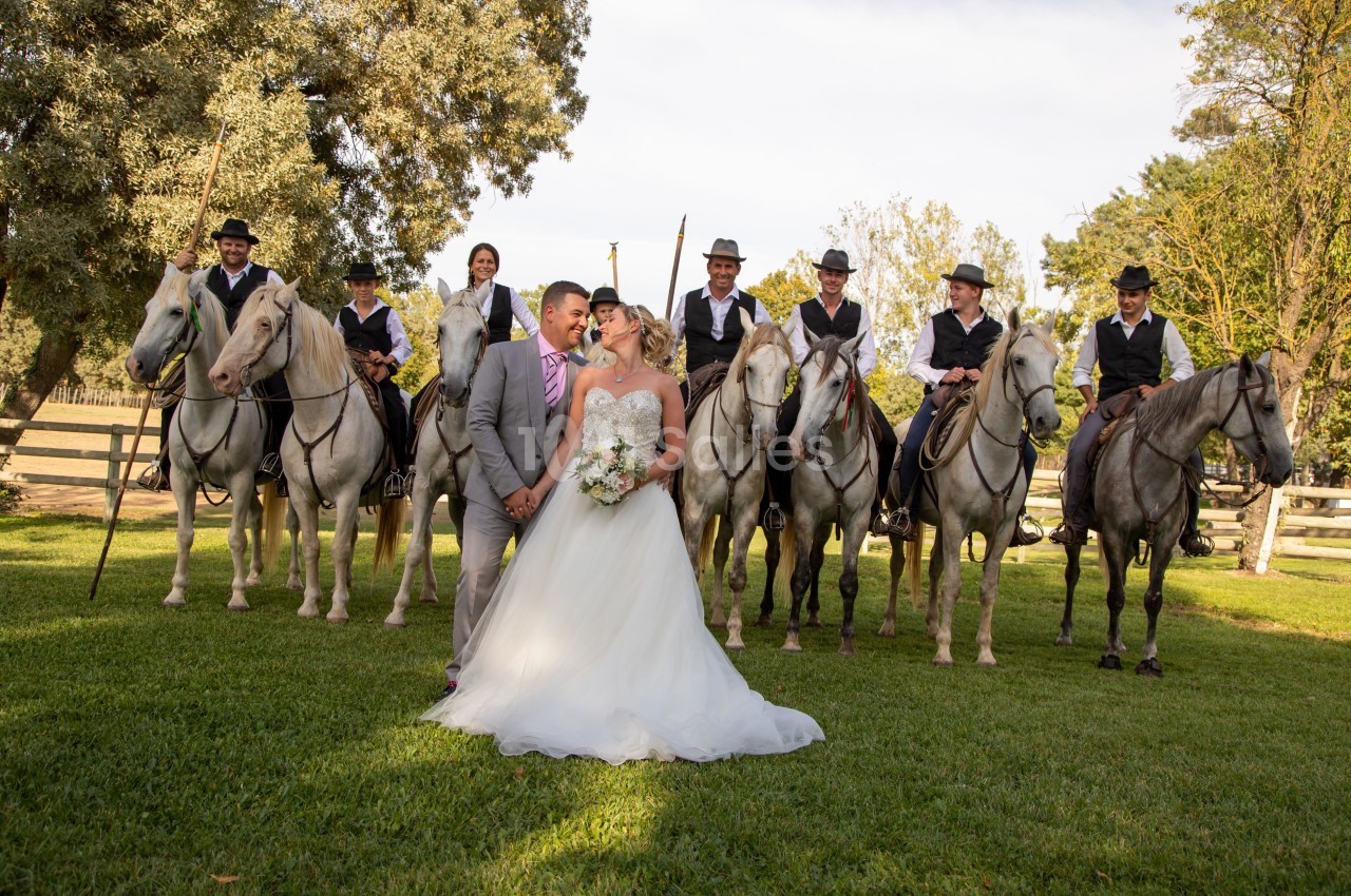 Un couple en tenue de mariage pose devant un groupe de cavaliers alignés sur des chevaux dans un espace verdoyant.