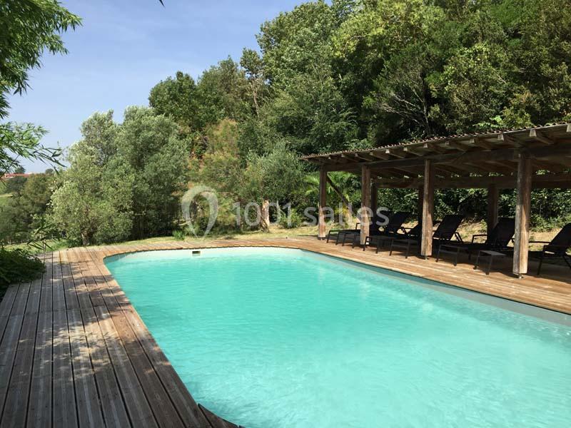 Piscine extérieure entourée de bois et de végétation, avec des transats sous une pergola en bois.