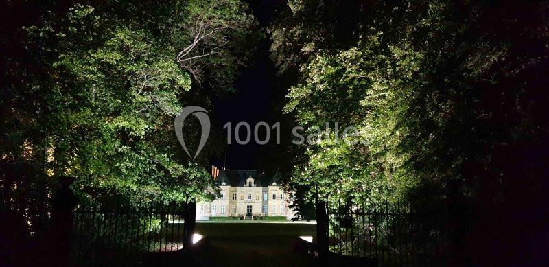 Vue nocturne d'un château illuminé entouré d'arbres, avec une allée sombre au premier plan.