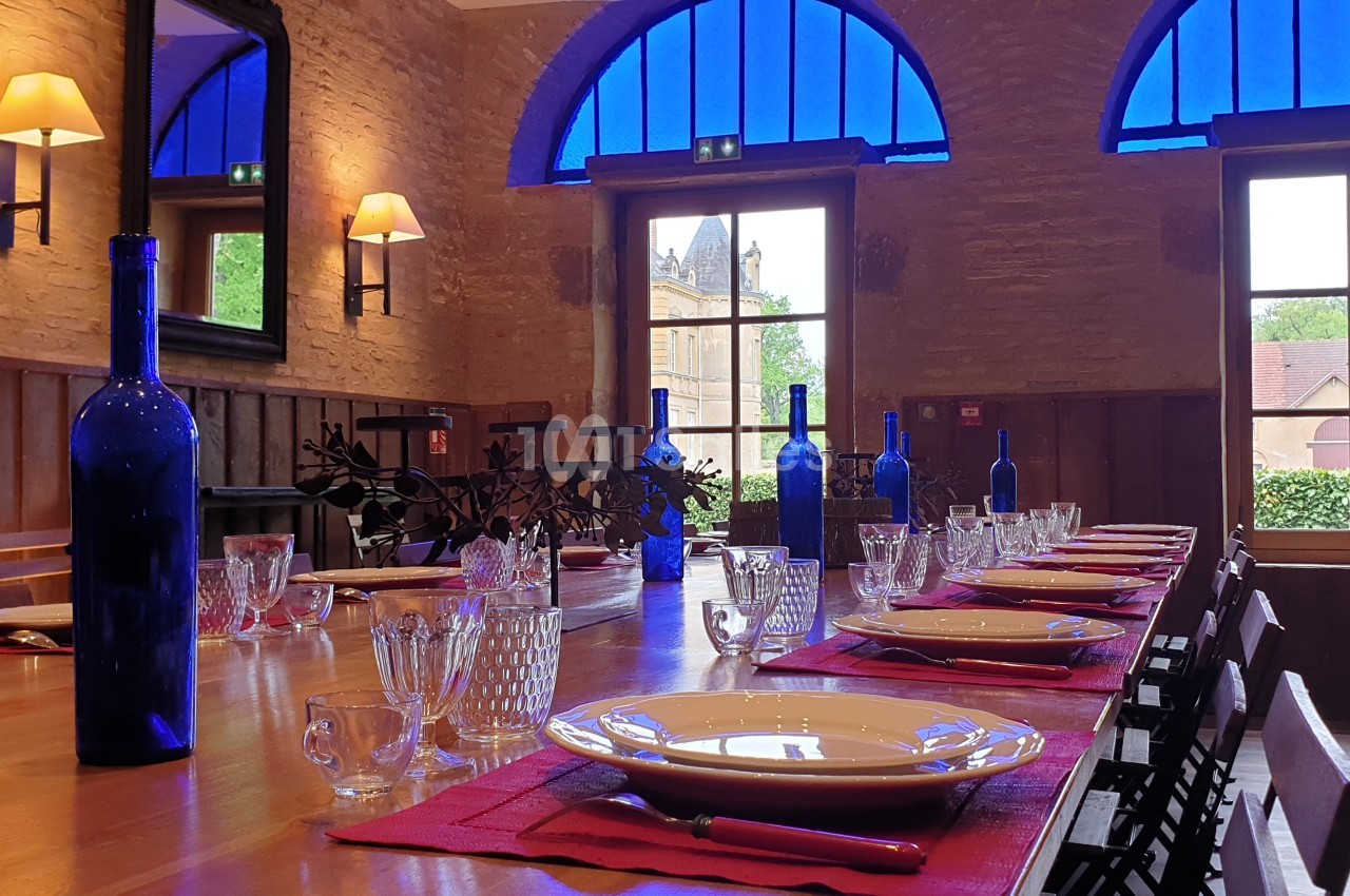 Salle à manger lumineuse avec une grande table en bois dressée, bouteilles bleues et fenêtres donnant sur un jardin.