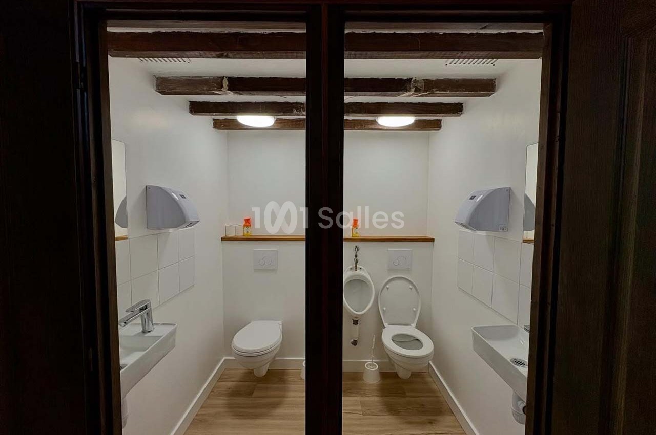 Deux toilettes séparées par une cloison, chacune équipée d'un lavabo, d'un miroir et d'un éclairage au plafond.
