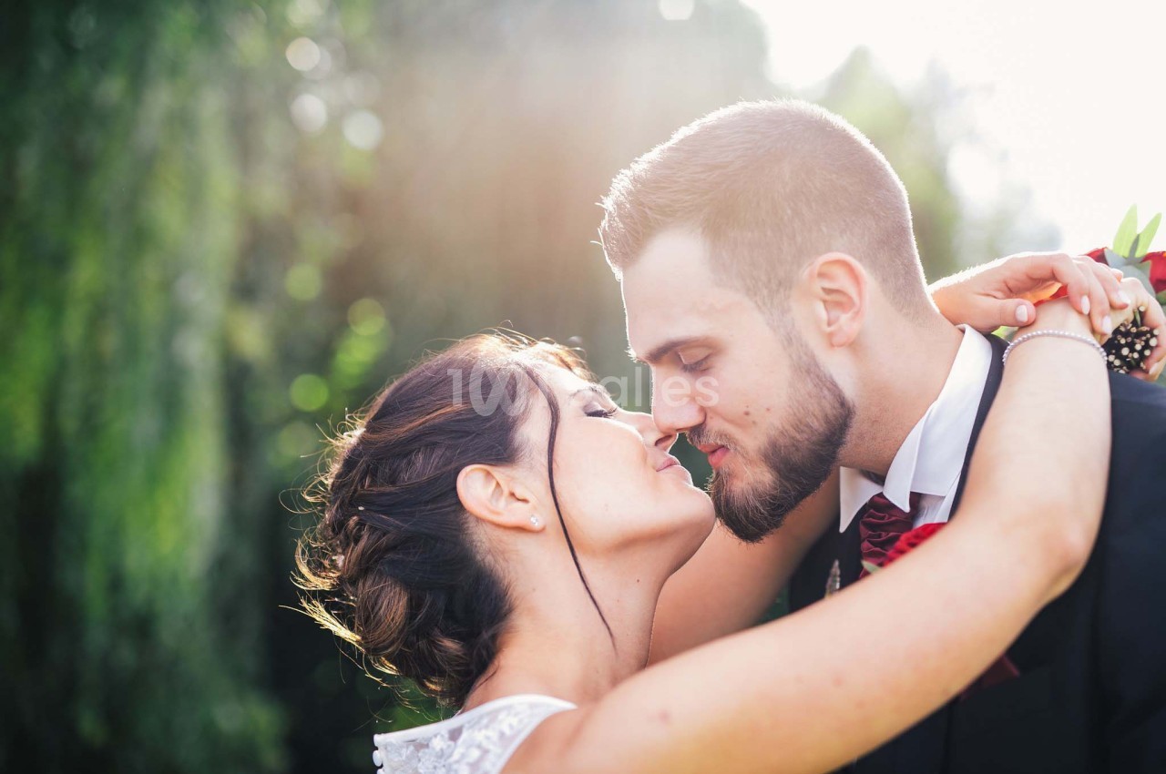 Un couple habillé élégamment s'embrasse tendrement dans un jardin ensoleillé.
