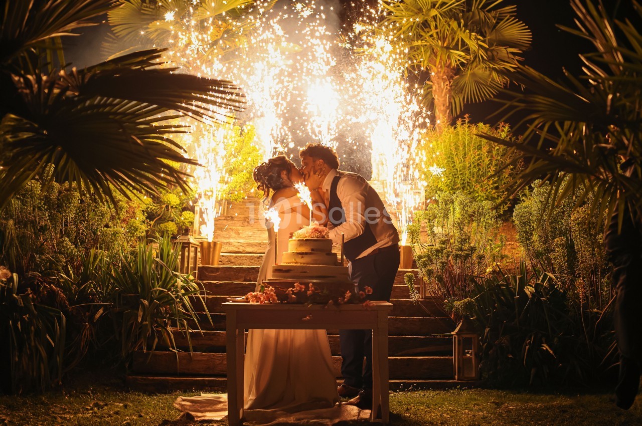 Un couple de mariés s'embrasse devant un gâteau de mariage illuminé par des feux d'artifice dans un jardin nocturne.