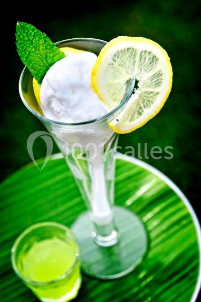 Verre de dessert glacé garni de menthe et de rondelles de citron, posé sur une surface verte avec un verre de jus.